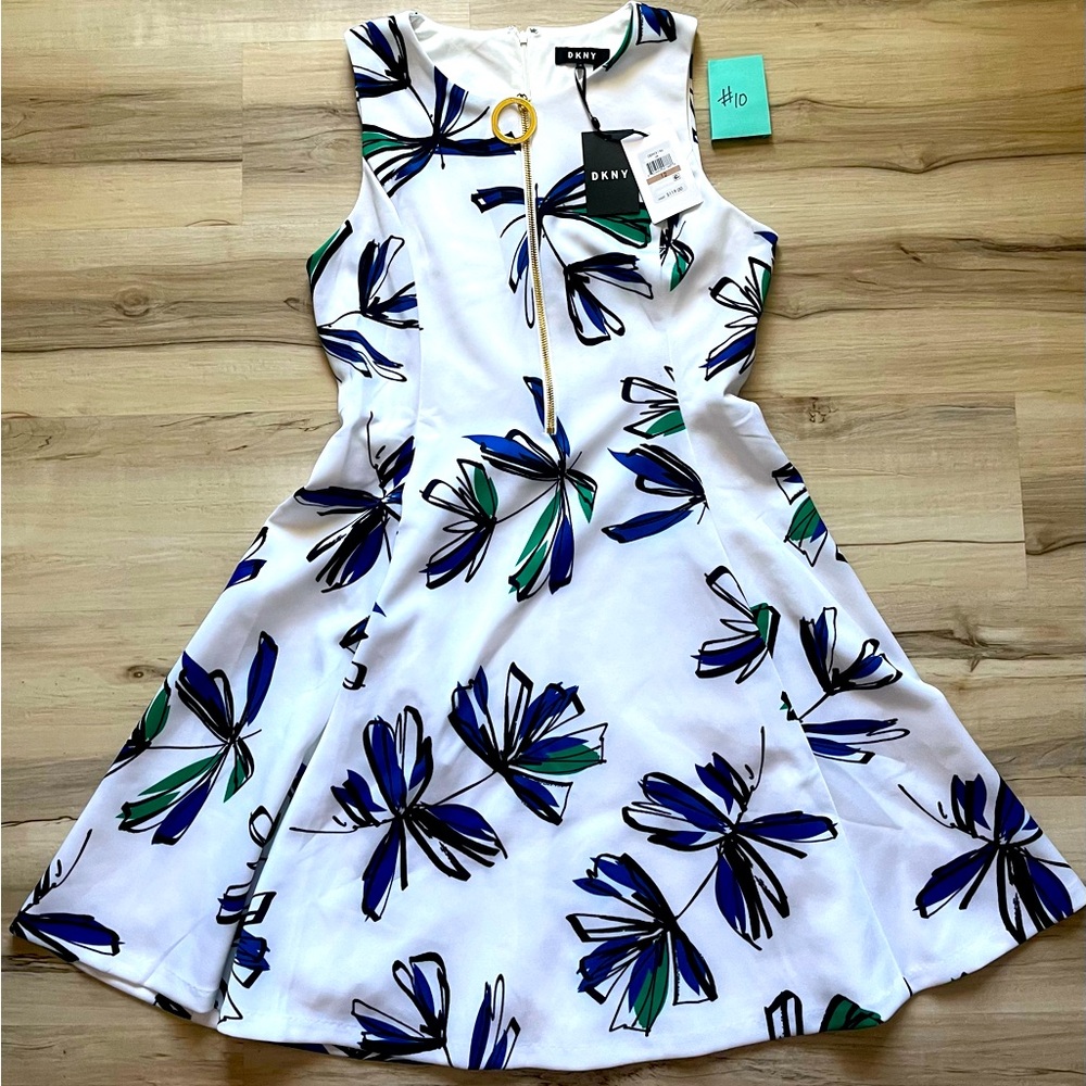 DKNY White Dress w/blue and green flowers, front zipper and POCKETS!